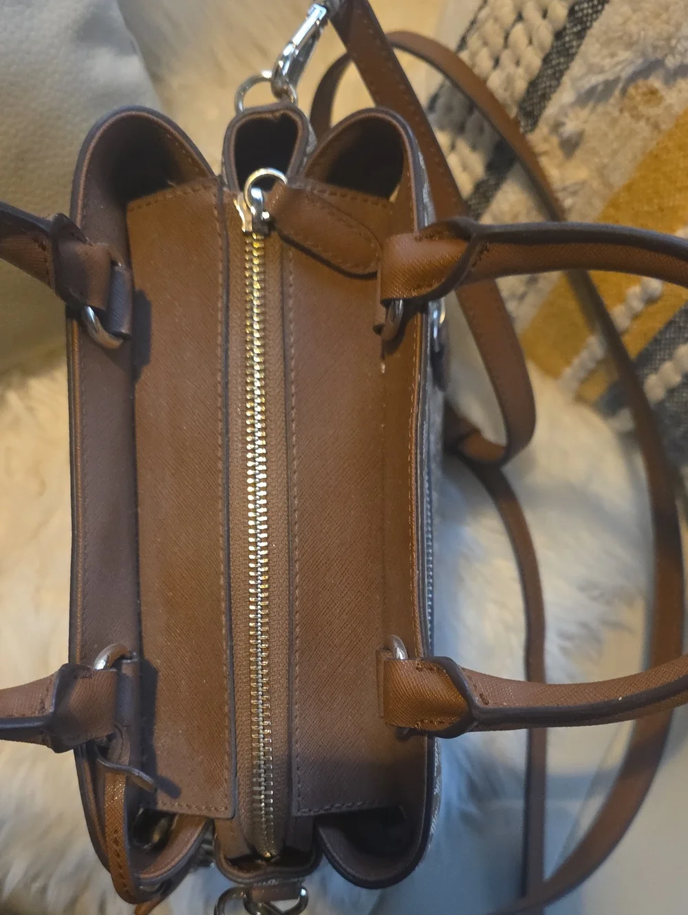 DKNY Structured Brown Patterned Satchel Handbag